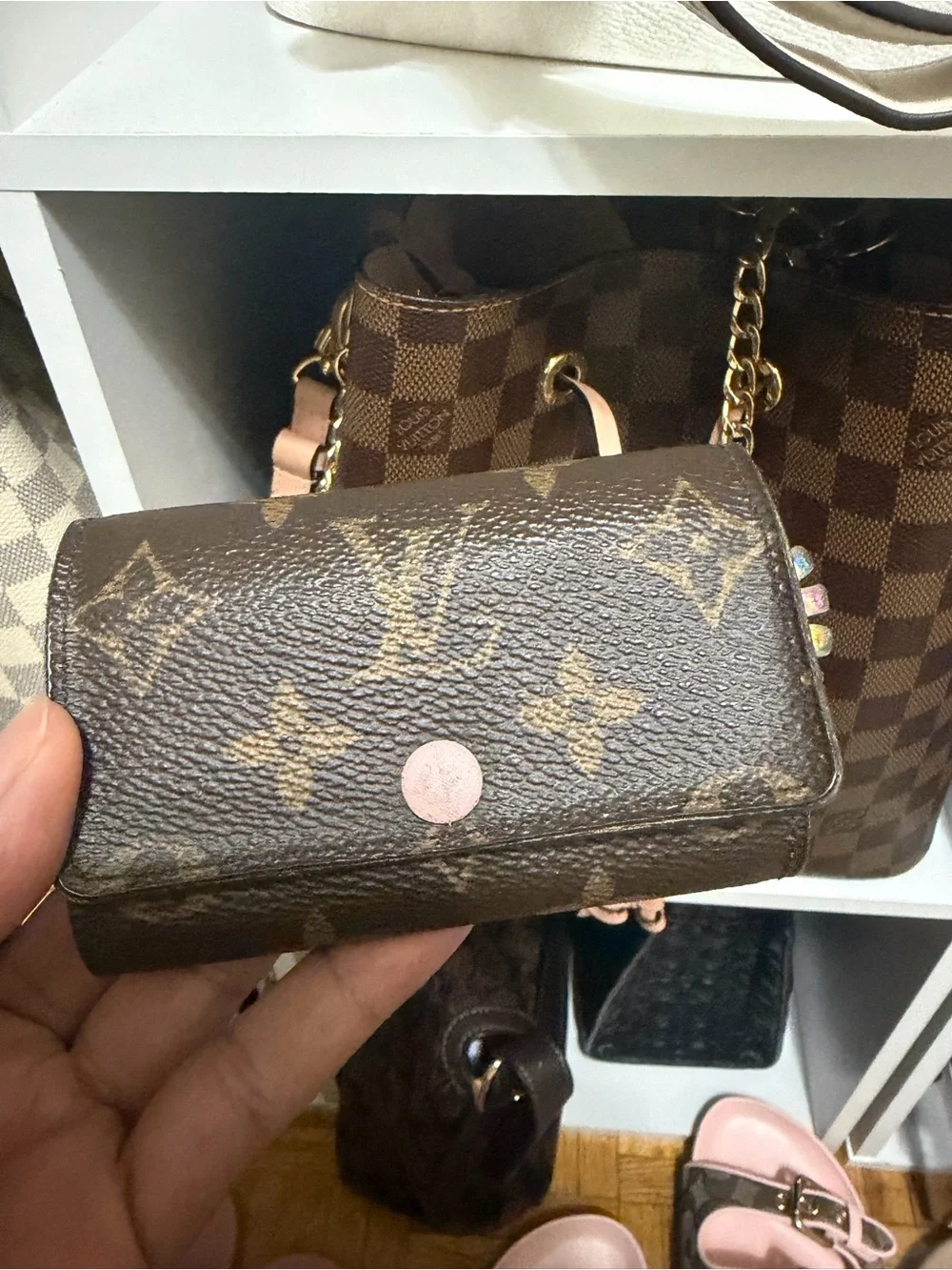 Louis Vuitton Brown Monogram Card Holder with Pink Snap 6 ring